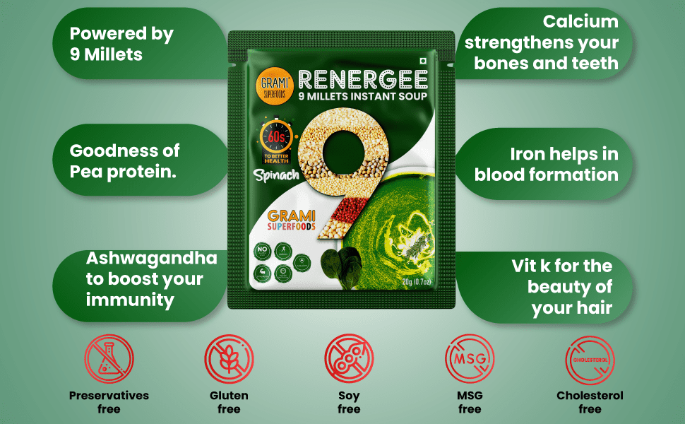 Renergee Instant 9 Millet Spinach Soup packaging
